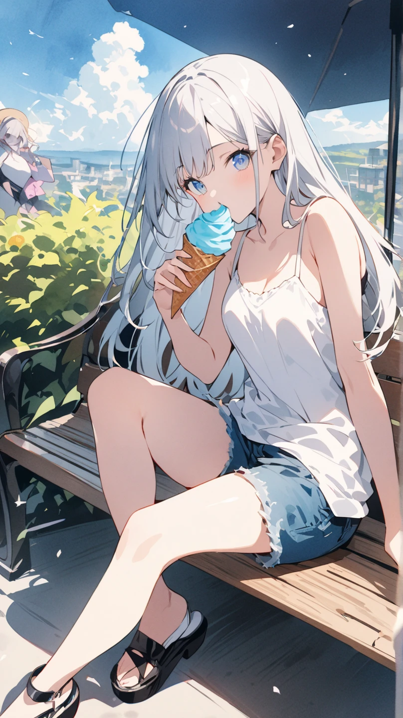 (masterpiece:1.3), (8K、Highest quality:1.4), (Best image quality, Intricate details, High resolution, Depth Field, Natural light, Professional Lighting), (1 Girl), (alone), (Asian Girl, Very beautiful 18 year old manga girl),Big Breasts、No sleeve、Shorts、Park Background、Eating ice cream on a bench