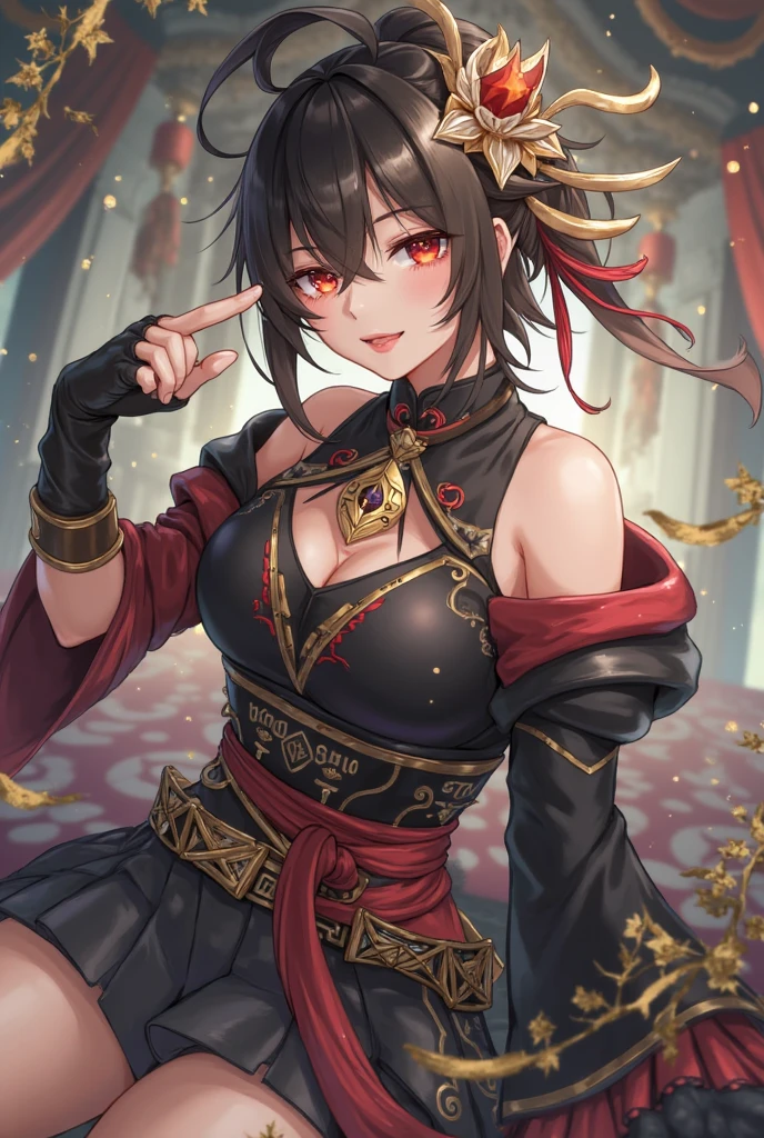 yor briar, anime style beutiful woman, 1girl, happy,  pause,(with sparkling eyes and a contagious smile:0.9),red face, closed mouth, beautiful detailed eyes, super detailed skin, backlighting,  shoulders, black background, black dress, black gloves, black hair, , dress, earrings, fingerless gloves, floating hair, floral print, flower, gloves, gold earrings, gold hairband, hair flower, hair ornament, hairband, holding, holding weapon, jewelry, , long hair, looking at viewer, off-shoulder  shoulder,red eyes, short hair with long locks, sidelocks, solo, spikes, thighs, two-sided dress, two-sided fabric, weapon, fighting stance , face, close up, from above, highest quality, looking at viewer,high resolution.