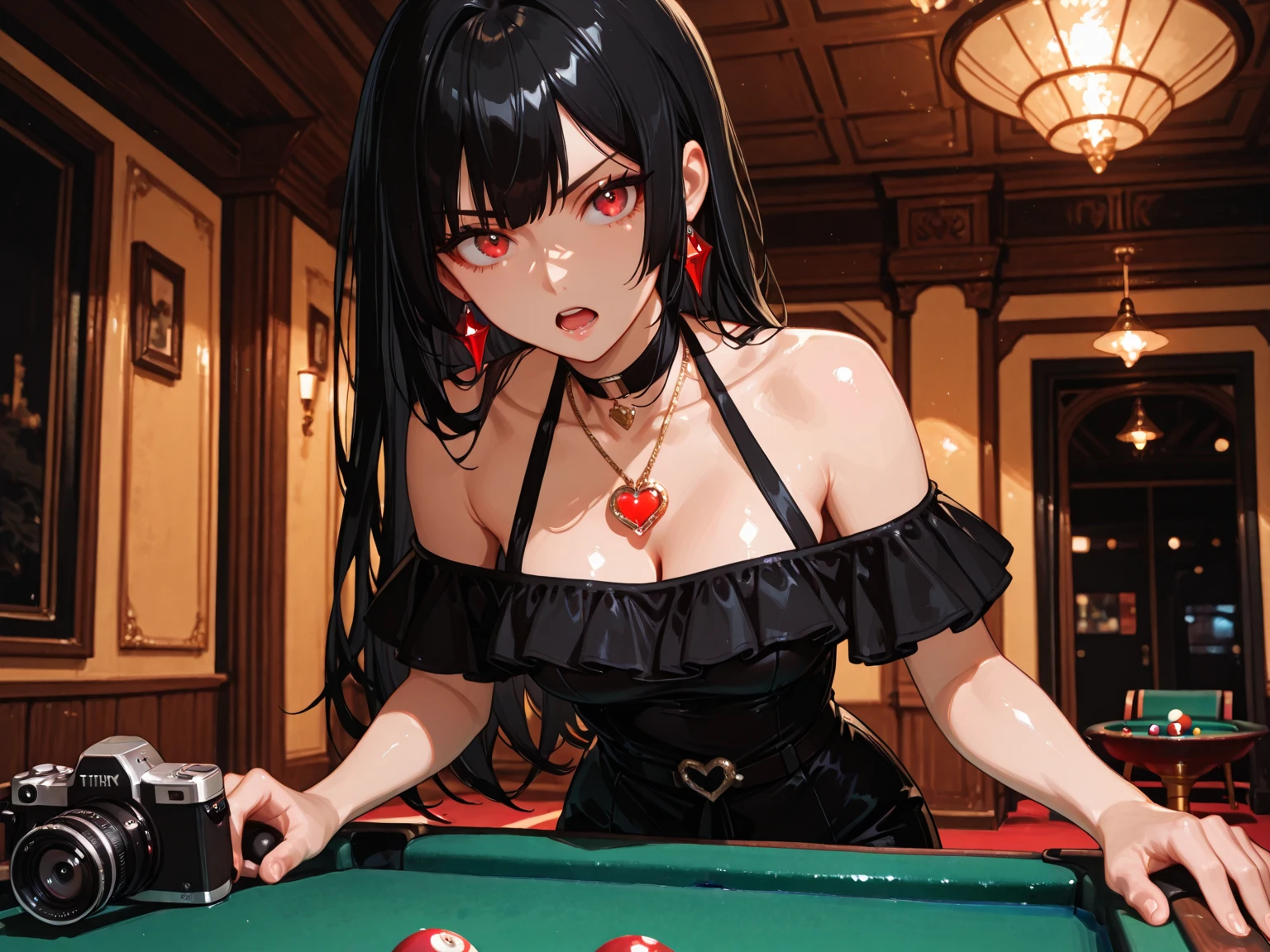 ((seductive))((majestic, Magnificent)) ((beautiful face woman)) ((dark eyeshadows make up)) ((red lips)), ((cute smile)) ((black hair, tied up hairstyle))((big breast:1.4)) ((slender body:1.3)) ((wear strapless top, jacket, short skirt)) ((jewerly, earrings)) ((playing pool inside bikers bar)), ((high definition:1.5), ((masterpiece:1.5))((8k:1.5)) ((Best quality:1.4)), more_details:-1, more_details:0, more_details:0.5, more_details:1, more_details:1.5, more prism, vibrant color