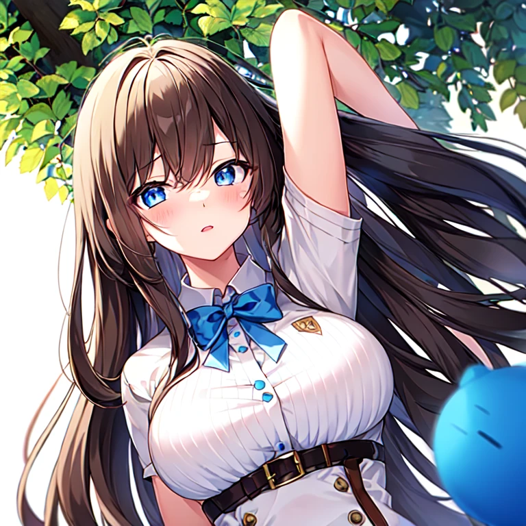 charlotte_corday, 1girl, brown_hair, skirt, smile, blue_eyes, long_hair, one_eye_closed, breasts, shirt, hair_intakes, bird, looking_at_viewer, white_shirt, large_breasts, short_sleeves, white_background, pleated_skirt, black_skirt, hand_on_hip, simple_background, bangs, grin, solo, collared_shirt, school_uniform, arm_up