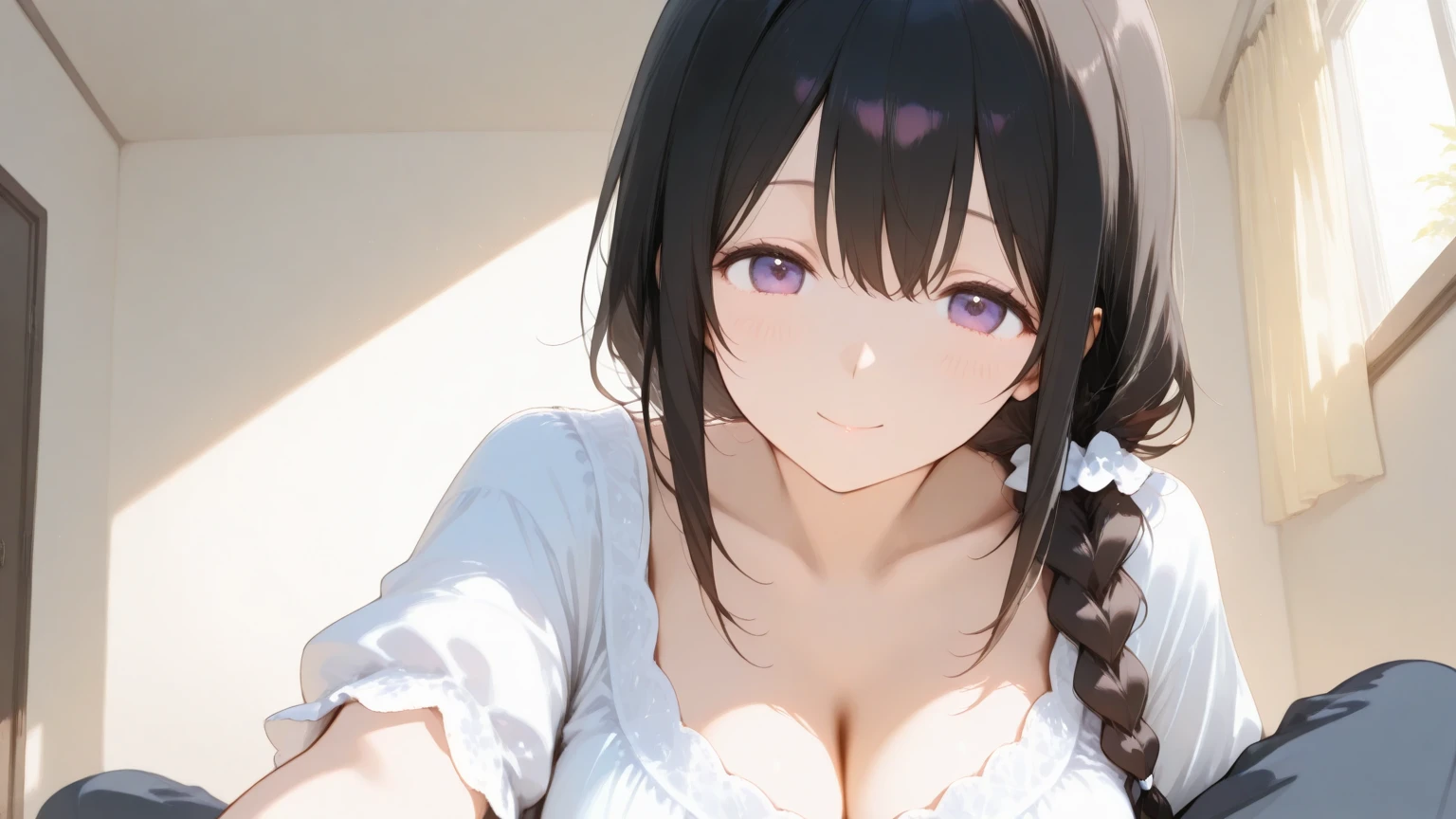 side angle, Shooting from above、leaning forward, hands on knees, Realistic, real person, RAW photo, photorealistic, portrait photography, shiny skin, japanese idol、(A 20-year-old woman with black bangs and purple eyes.) and (blunt bangs) and (straight midium hair), wearing a white off-shoulder blouse、wearing a tight skirt、cleavage is visible、smile, open mouth, blush, The background is a park、Alone、Staring, (entrance:1.3)