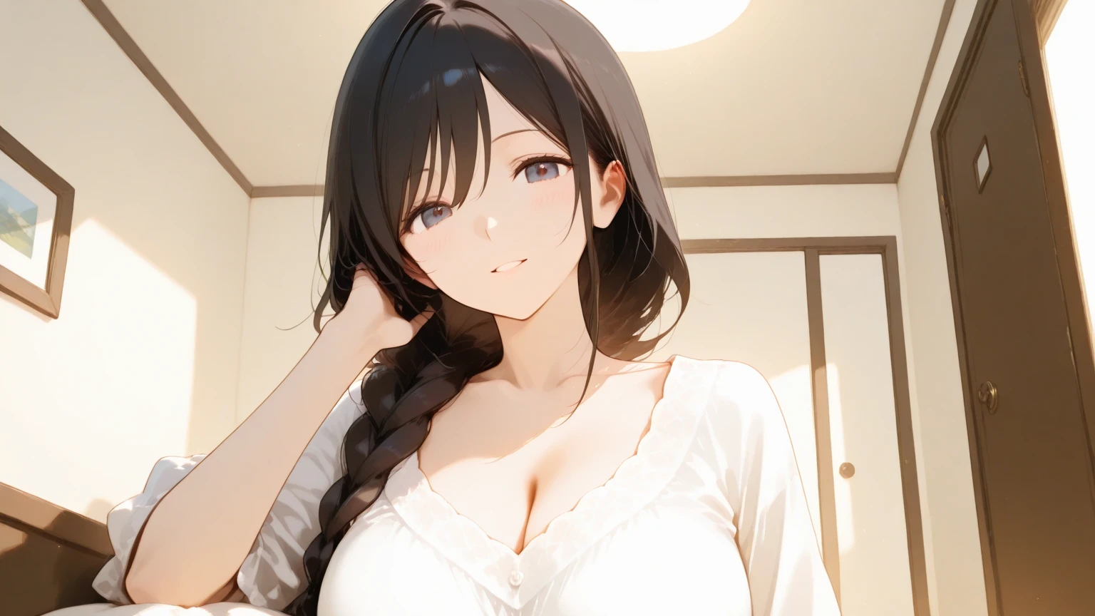 (leaning forward:1.3)、Upper Body, Realistic, real person, (pale skin: 1.2), RAW photo, photorealistic, shiny skin, shiny hair、(A 25-year-old woman with medium-length hair and bangs) and (wavy hair) and (brown hair) and (orange eyes) , (white) and (off shoulder blouse) 、(blush:1.5), smile, Background is white、Alone、Are standing