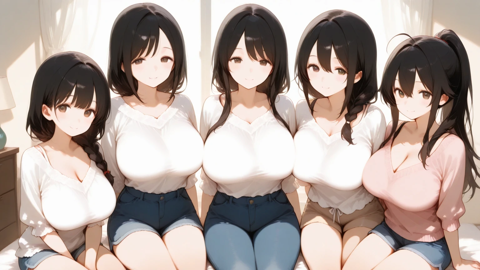 Four big breasted sisters、Light blue and white shirt dress、A one-piece dress with her breasts tightly pressed against her body、Cute underwear that shows off a rolled up dress、Japanese-style room