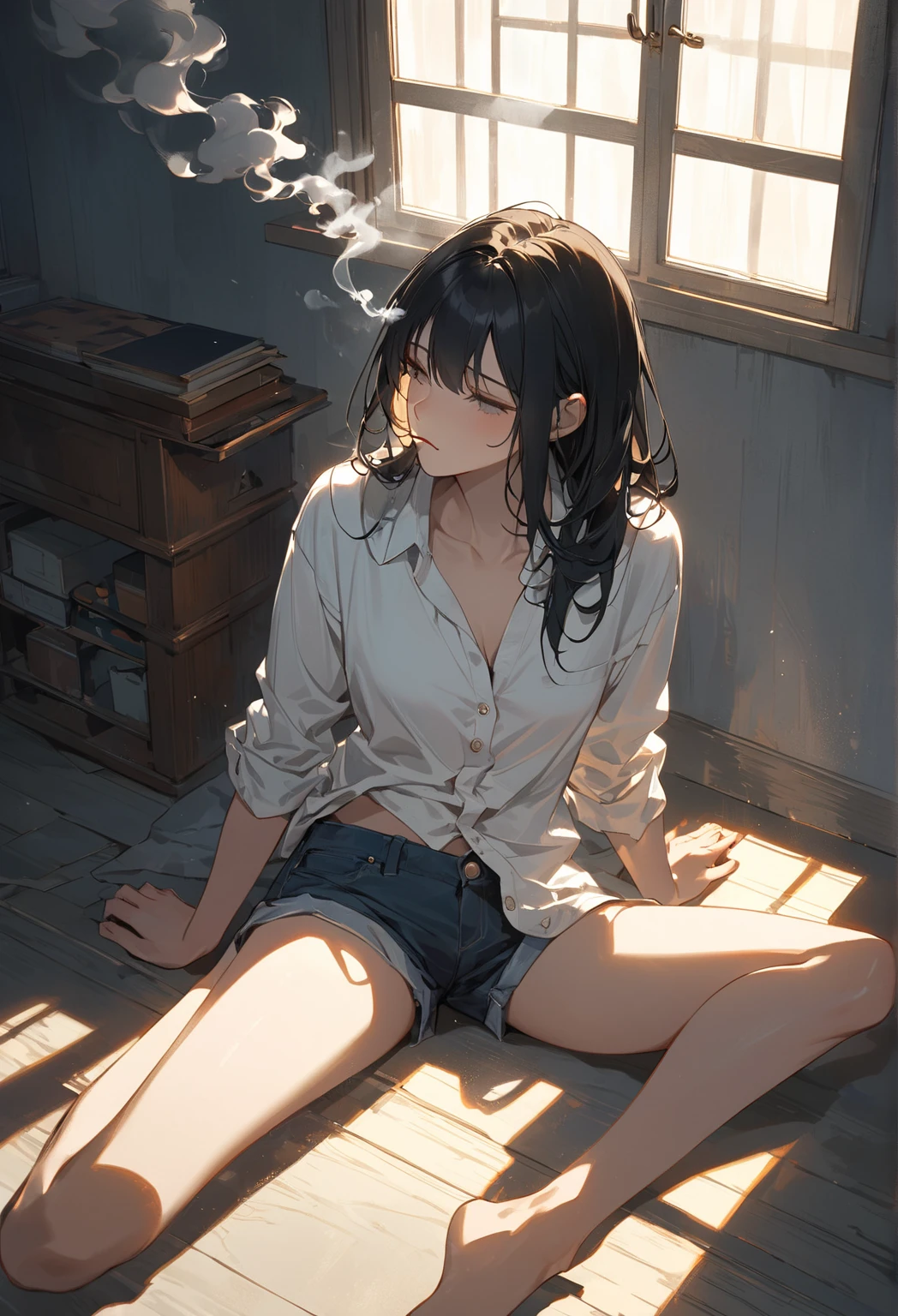  Shy face, Shy expression, 10 years old, Practical, (She wears loose clothes), (City in ruins), Sit in a shabby armchair, she is wearing a bikini, [NFSW,], Face turned to the left, #100: Short messy blonde hair, Hair tied with a red bow, Delicate face, freckle, masterpiece,