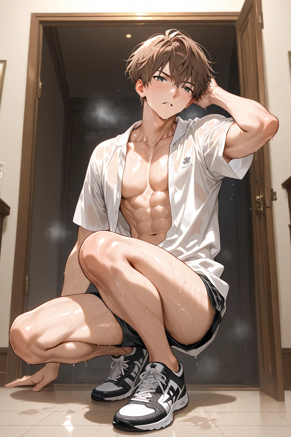 japanese boy、、Short in stature, but with well-toned muscles and smooth skin、Sporty Very Short Hair、A relaxed, open-mouthed, healthy smile、The active pose and short limbs give the impression of a childlike personality.、Colorful, thin, flashy boxer briefs、Healthy muscles developed even at a young age、Posing muscles in the bathroom、Quite short and with very short limbs、The whole body is visible、Slightly dark background、Sitting upright、Hands positioned at the hips