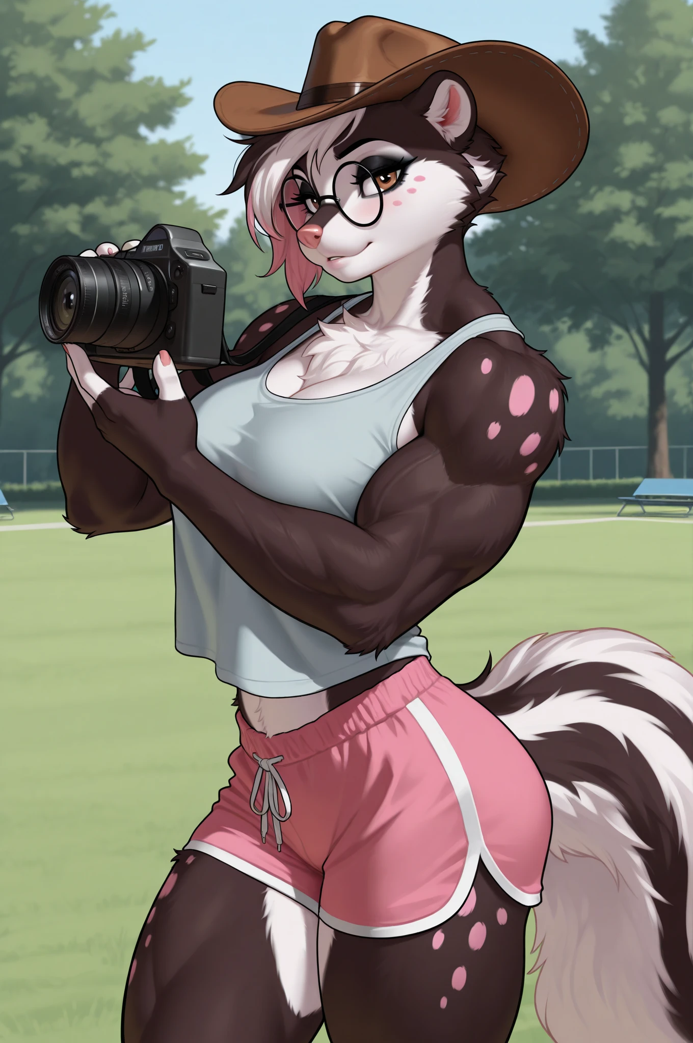 1girl, female, anthro, deer, outside, park, posing, selfie, tank top, midriff, ring_gag, round base, 4k photography highly professionally detailed, HDR, CGsociety, art and zbrush, octane render, unreal engine, vivid colors, trending on artstation, serene forest, rain, art, <lora:ring_yiffy3_v1:0.7>