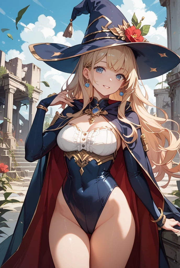 Female Wizard、a beauty girl、huge tit、Wearing a cloak、bikini-armor、knee boots、Holding a wand on the right、Facing the front、full body seen、Longhaire、witch's hat、garterbelts、Gentle smile