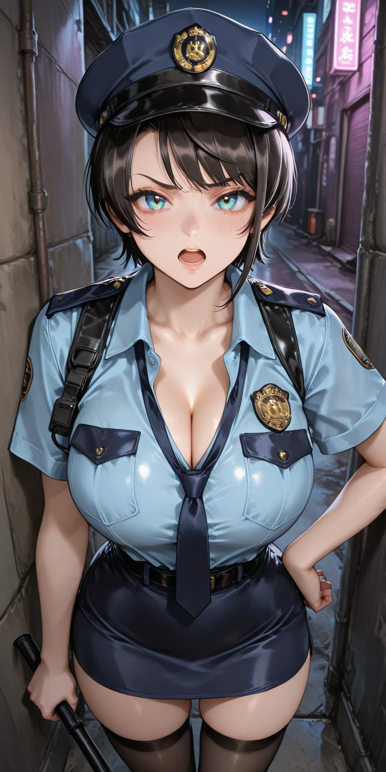 Woman, beautiful, black hair, sexy police officer in uniform, black color, night, soft light, facial details, from front, with gun, smiling, light pink lips, --Realistic Style-Imagination-