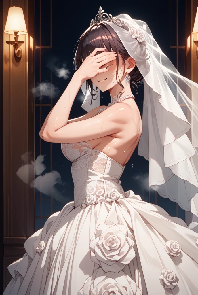(((beautiful))), ((Wedding dress)), bouquet, Long skirt, Huge breasts, ((((Glowing Skin))), (((Intricate details))), High resolution, ((Intricate details, Ultra-detailed)), whole body, Are standing, Facing forward, smile, Red cheeks, Black Hair,