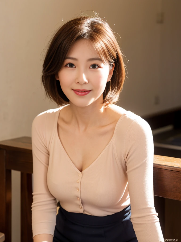 巨作, Top image quality, A high resolution, 独奏, small tits, 40yo, (wrinkles:0.08), 1 persons, Stylish restaurant, Stylish coordination, Bob Hair,