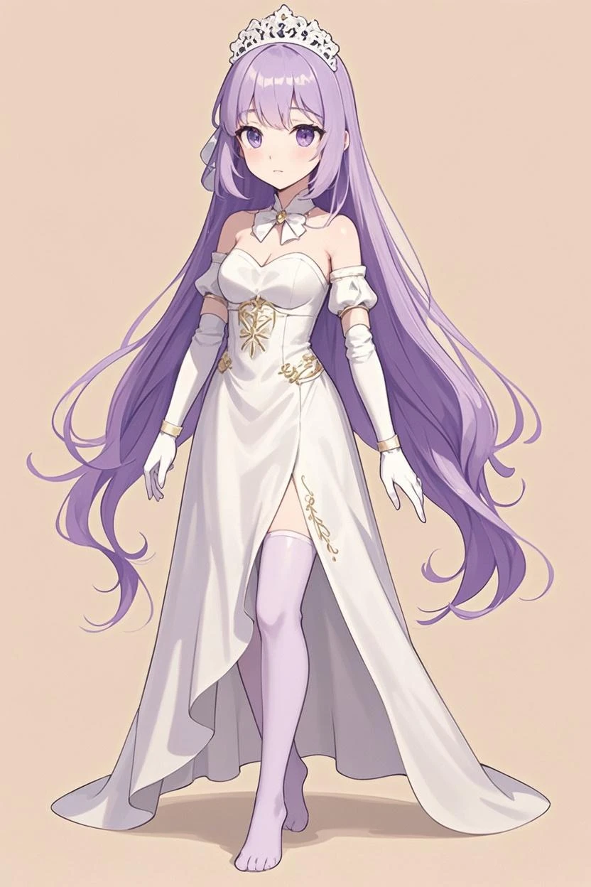 Anime girl purple hair standing, wear a queen white dress have so many details ,have white tail and white ear cat