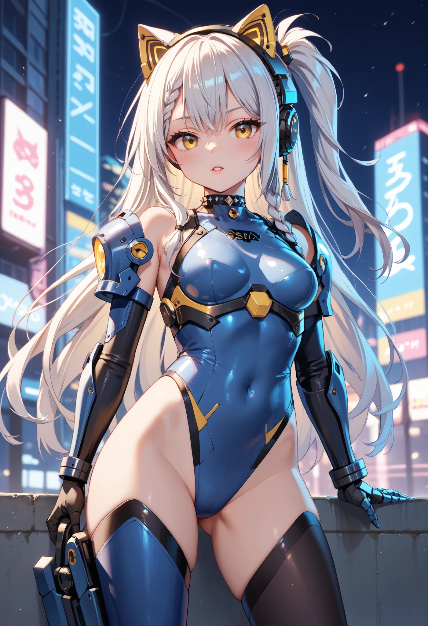 (photorealistic:1.8, highest quality:1.8,8K masterpiece:1.8,High resolution,muste piece:1.8,RAW Photos,cinematic lighting),No split screen, cyber punk、Back alley of the city at night、rain-soaked ground、vapor、
(1 android girl:1.3)、Completely naked、Full body tattoo、choker、beautiful breasts、shirt、Denim Micro Shorts、beautiful butt,beautiful thighs,plump nipples、Nipples are visible through the costume,cameltoe,Body painting with a pop design drawn all over the body、pop art design、cutting edge fashion、conceptual art、
Provocative sexy poses、look back、spread your legs、(Beautiful, shining pale-white, gray-gold hair:1.5)、shining blue eyes、Stoic