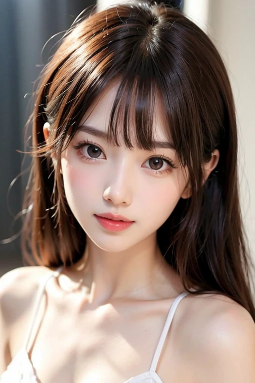 (beautiful girl、1、Baby Face)、((ID photo of upper body:1.2))、Beautiful Face、Beautiful symmetrical eyes、high nose、Moisturizing lips、((Part your bangs to show your forehead:1.2))、Long eyelashes、double eyelid、(Beautiful breasts、Cleavage)、light makeup、(Highest quality、Masterpiece、Ultra high definition、Highest quality、Reality:1.37)、(View the viewer:1.2)