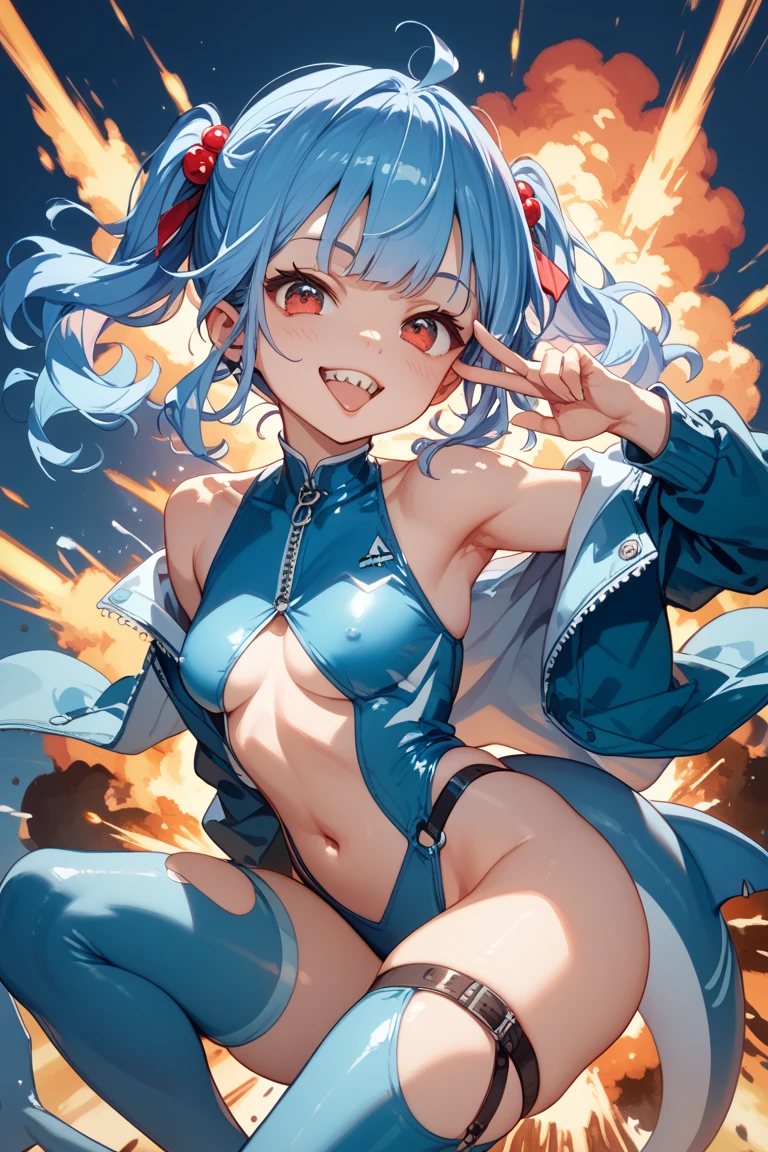 Petite Japan anime girl, (Correct human anatomy),1 girl, (of the highest quality, masutepiece), Looks Back, Look at viewers, Twin-tailed, Blue-haired, (beautiful shiny blue eyes), (Small breasts, cleavage:1.2), (Beautiful ass, Toned buttocks:1.3), The bikini, Hands on hips, Cowboy Shot, Hands on hips, a panoramic view, BREAK, (Hip digging bikini), (Glossy colorful bikini), Dynamic and colorful backgrounds,