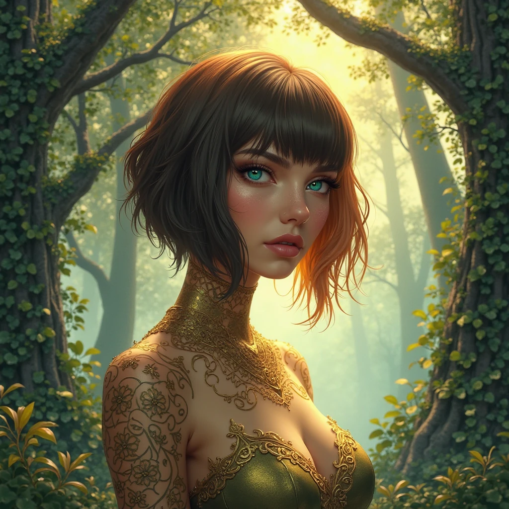 The goddess of the nature, she has a short brown hair pair with her brown left eye and her right eye is white with her black dress and wounds around her arm and tanned skin with an almond eyes