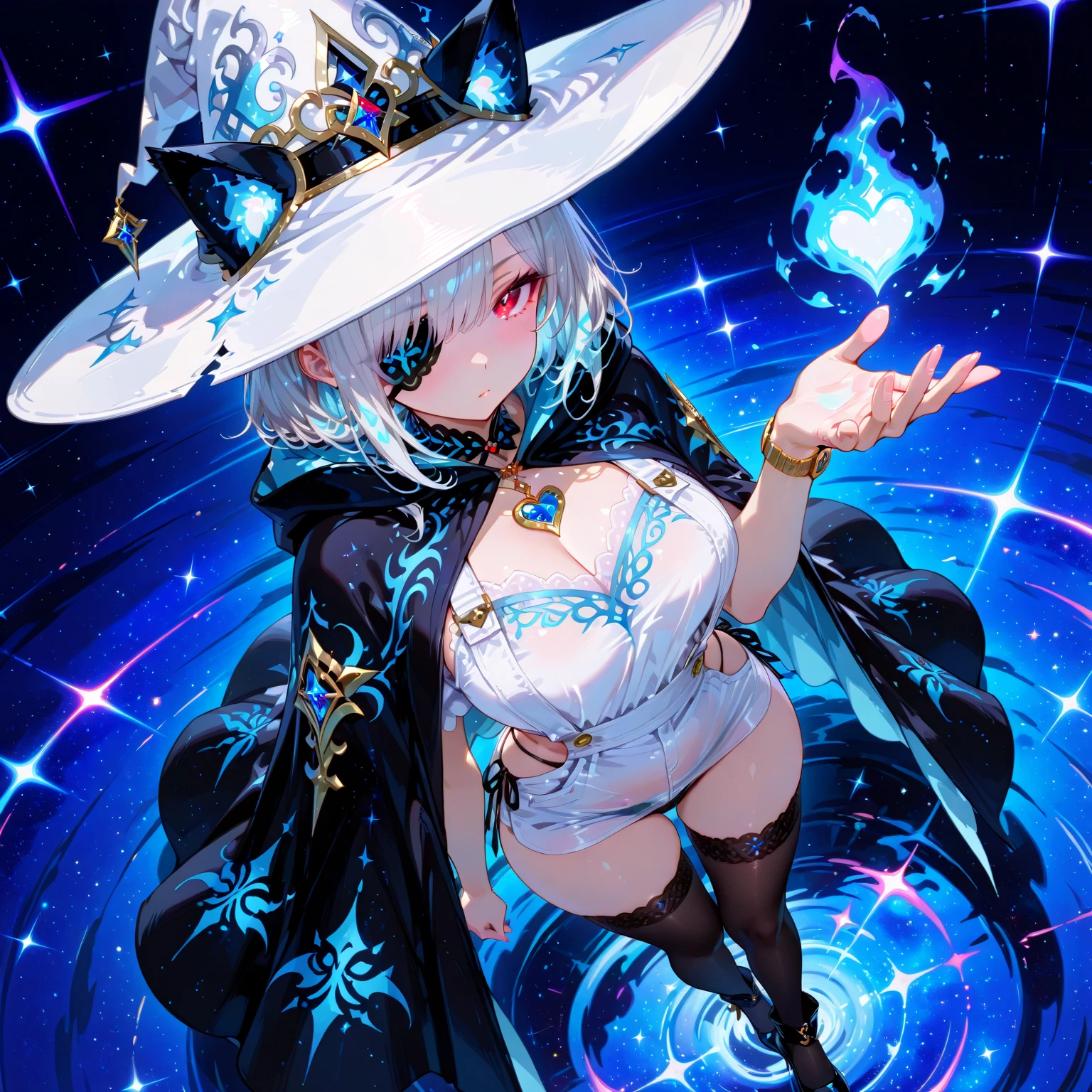 (masterpiece), (ultra Hd 4k), (1080p resolution), (genshin impact), (Navia 1.2), (beautiful and detailed), (high resolution and detailed background), hat and glasses, Elemental energy, smile, smooth skin, pink lips, pretty, woman, sexy face, yellow eyes, white hair, slim body, sexy pose, led night city, seen from above, high quality, beautiful light, complete detail
