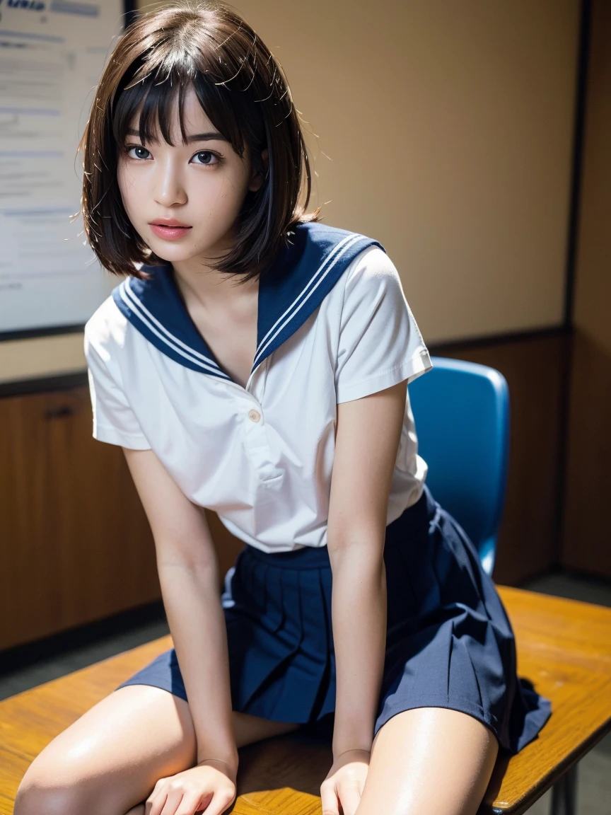 Masterpiece、highest quality、Woman 1、Male Body 1、Super detailed、nsfw　Black Hair　Japanese high school girl sailor suit　Large Breastuscular thighs、vagina、Pussy、clitoris、semen、Female organ、sexual organic matter　SEX、play sex、Sex、On all fours、Straddling a man's body、woman on top、penis、Insert、vaginaにInsert、sexual organic matterをInsert、Spray sperm、A lot of sperm、Sperm-drenched、Intense sex、激しくInsert、Creampie　Bring your head closer　classroom