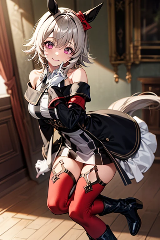 (best quality, masterpiece, perfect face), 1girl, lynette, animal ears, purple eyes, grey hair, bow, bangs, black gloves, long sleeves, black pantyhose, , (sexy, realism, HDR), cabaret, red lights, rich background, standing,hands on hip