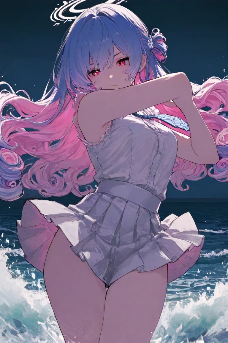 1lady, solo, the best、masterpiece, high quality, High precision,Highly detailed 8K , Uyuni salt lake、horizontal line、White Knight、Reflective water surface、In the wide sea, long blue hair, Lower ponytail ,white scrunchie, pink star head ornament, lighr blue eyes, (,Flushed skin)、Hair blowing in the wind、Shiny Hair、Glowing Skin、thick pink lips, beautiful spotlight, Full body portrait,(Wide sky、infinity mirror、Beautiful sea), (Exposed breasts、Sweat runs down your chest)、(defenseless、Beautiful eyes illuminated by the light、Shiny Hair、Reflected Eyes, (Red face:1),(CG paintings with attention to detail),(Perfect image), Before menarche, Colorful sky、Contrail、shooting star、rainbow、Aurora、Solar flare, spray, bubble, tall stature, glamorous, pink nipples, pussy, slipped out bikini, ,nsfw,(ecstasy:1.3) ,(slut:1.2),(vulgarity:1.3),(fucked silly:1.1),(steam:1.1),(wet:0.8),(trembling:0.8),(tears:0.7) ,(drooling:0.6),(sweat:0.8), (stare at viewer with stern eyes:1.5),(bitting own lip:1.1),(angry:0.9),nose blush,(shamefull:1.2), surprised, bottomless,  topless, panties around one leg, female , masturbation