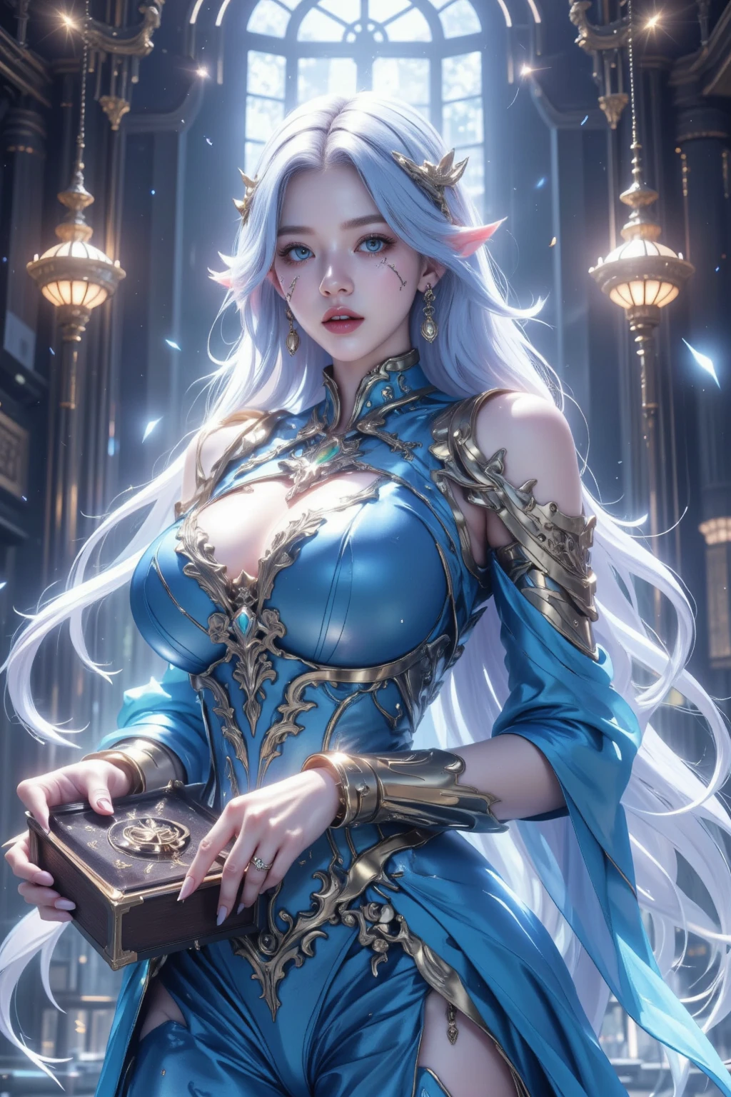 ((very delicate))best picture quality,Beautiful full body portrait of a female gentleman，Full body showing buttocks, bikini, fantasy wizard outfit, The blue braided hairstyle is classy..，bright eyes，wizard wand, very detailed details，giant blue dragon, Advanced, break your own power，Luji，Large breasts that reveal cleavage，R-18G,((ancient fantasy castle background)),,More detailed 8K.Unreal Engine, masterpiece, best quality,object object], (Detailed facial features), (4 k detail fantasy),(realist, photorealism),((The right ratio))