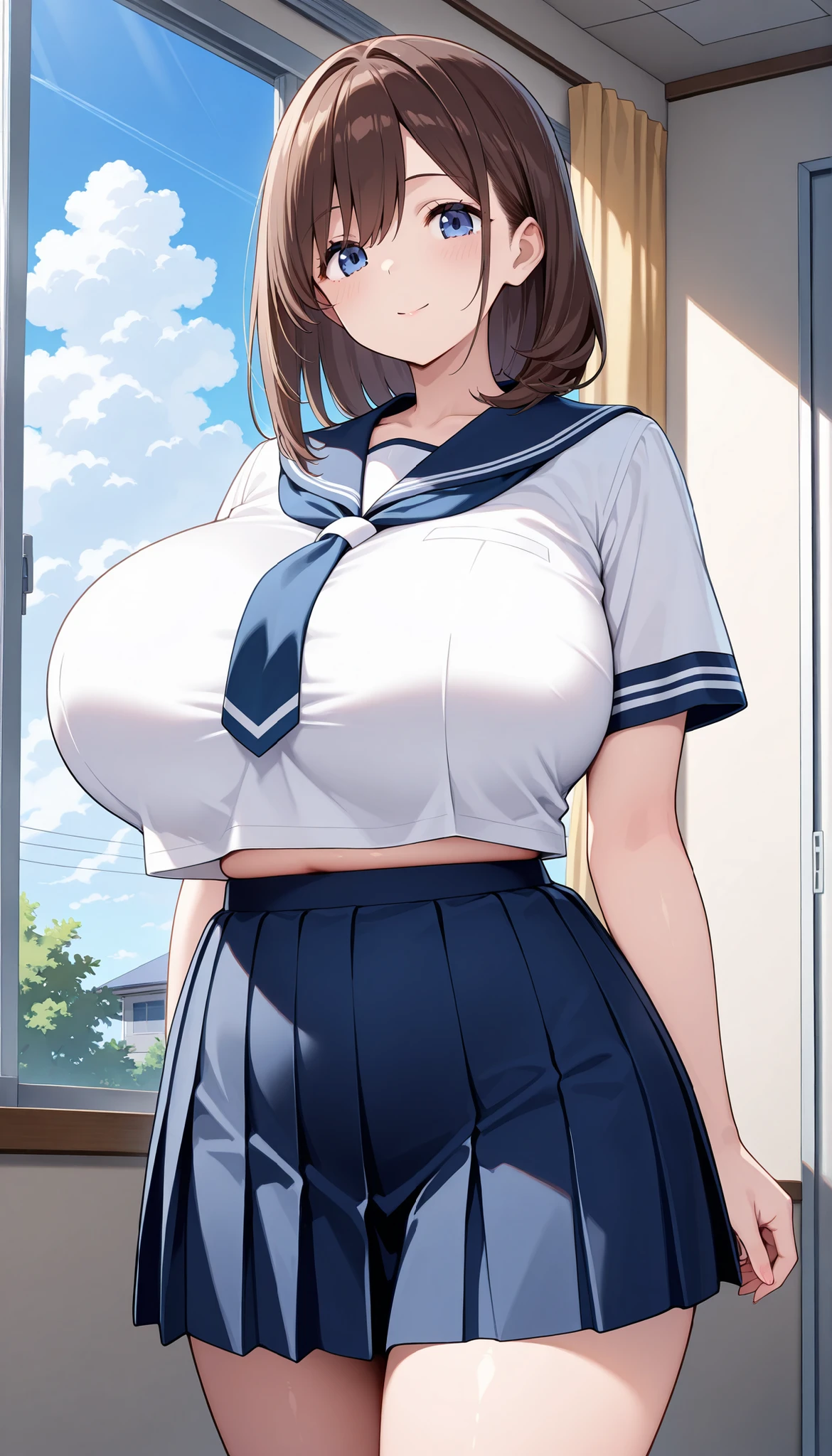 (masterpiece, best quality:1.2), Solitary, A girl, Ogawa Sukeko,In the narrow streets,(Black school uniform,黑色Short skirt),There are walls in front and behind,((blue eyes,beautiful eyes)), Put your hair up, Short skirt,Thin belly),(slim),((Big tits))Big Ass(Look away:1.4),(from above),(Huge breasts)