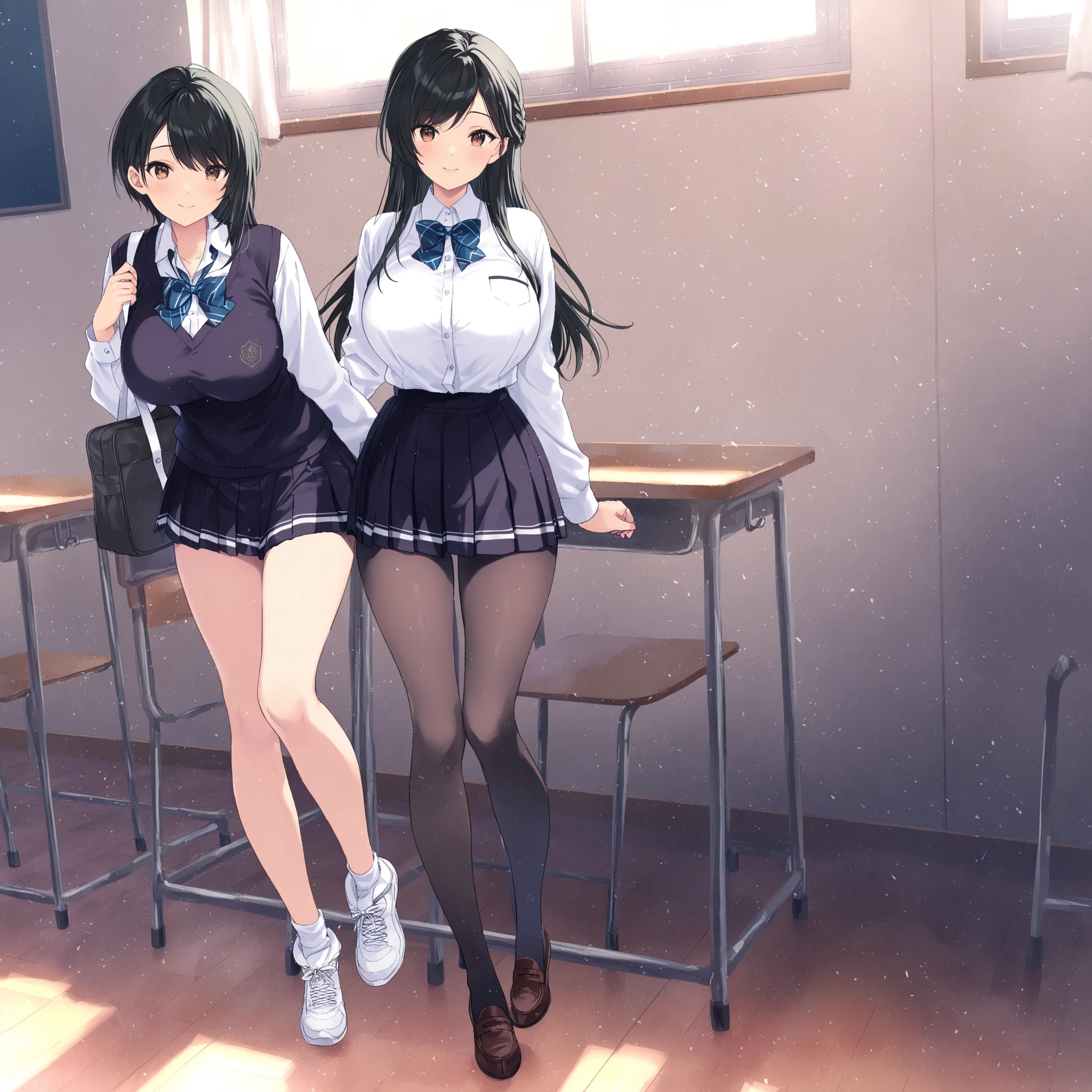 ((2 girls))、laughter、blush、shirt、のskirt、、((fun))(small breasts)、chiralism、black hair、single braid、(黒いskirt:1.3)、bow, button, 襟の付いたshirt, long sleeve, マイクロskirt, プリーツskirt、(Jacket)、 skirt, socks, thighs, 白い shirt, Rest indoors, ((classroom:1.5))、 BREAK looking at viewer、skirtの破れ,(skirtを掴む:1.5)、 (perfect hands, perfect anatomy),cowboy shot、(skirt lift:1.3),(Very detailed white panties:1.3)、(Very detailed panties:1.3)、、(skirt that rolls up:1.3)、(fully exposed panties:1.5)、