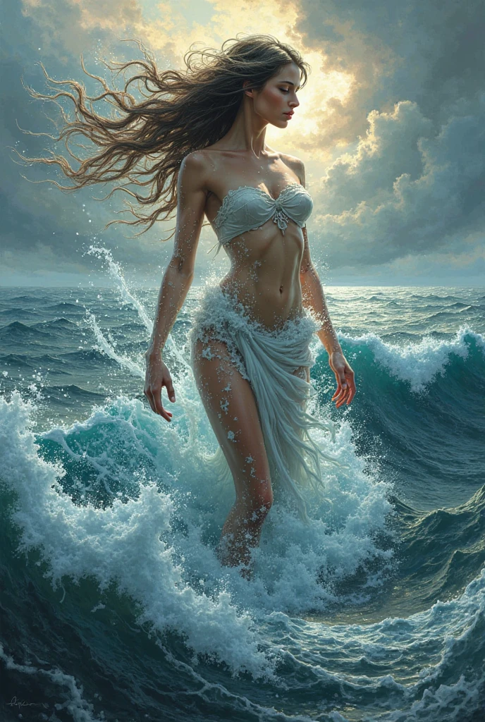 woman in a blue robe is walking into the sea, iranian, elegant, closeup fantasy with water magic,((waves)), beautiful maiden, wearing a robe made of water, cleavage, realistic oil painting, rose byrne, dripping wet, in water up to her shoulders, woman soaked by waves, beautiful realistic painting, nymph in the water, hyperrealist portrait in ocean, hyperrealistic fantasy photo, splashing, realistic fantasy painting, cute shot, narrow depth of field, portrait, sunset, 8k, drenched, ((soaked)), dripping water, dripping oil, heavy clothes, soaked in oil, wet all over, short dark hair, wet dripping hair, pov shot, portrait, posing, twilight, red sun, sun glare, ((looking at viewer))