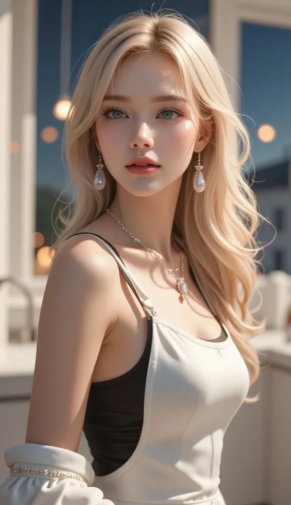 ((1 girl, Show half Body)). Ultra HD, Ultra-detailed, Highly Detailed, Ultra High Realistic, Ultra-realistic, Masterpiece:1.5, illustration:1.1, best quality:1.5, realistic, photorealistic, fine detail, perfect detail, sharp color, 4k, 8k, HDR, sharp focus, smooth detail, high resolution. (Anatomically Correct), (Detailed Realistic Skin Texture). Tall body, big breasts:1.5. A beautiful girl wearing loose cardigan. Studio background. Long (blond) hair with updo, Beautiful face, closed mouth, closed lips, detailed face, Beautiful eyes, perfect symmetrically perfect eyes. Wearing (makeup), blush, lipstick, glossy lips, eyeshadow, eyelashes. bright lights, neon lights, flashlights. Smirking at the camera.