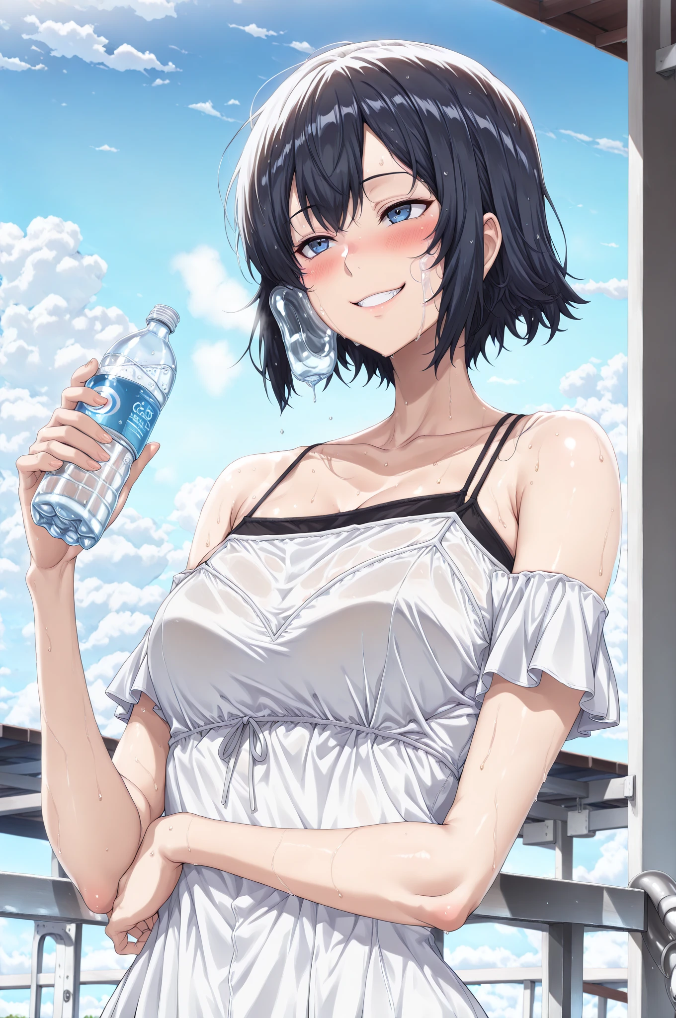 human, ((1girls)), 27 years old, beautiful, Short Hair, black hair, black eyes, black Bikini very medium , L cup breasts, Bodysuits, ((white skin)), 1m75, deserted, ((Takeda Hiromitsu style)), on the beach, holding a bottle of water,