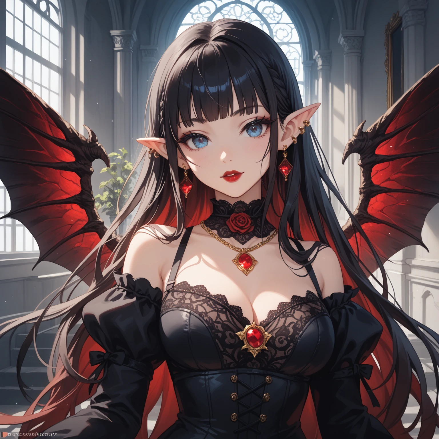 masterpiece, (textured skin), best quality, gorgeous beautiful girl, (a female
vampire),,detailed clothes,large breasts,narrow waist,, (beautiful face), cinematic lighting, (fantasy anime art ),