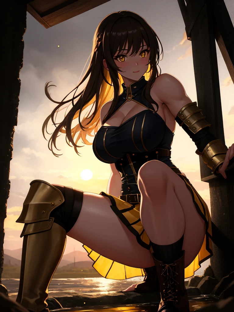 masterpiece, Highest quality, 1 girl,(Yellow leotard), Yellow Eyes, ((amount)),Cat ear, Black elbow gloves, Long Hair, Black Hair, Black knee-high boots,ax,Combat Stance,Colosseum,Cowboy Shot