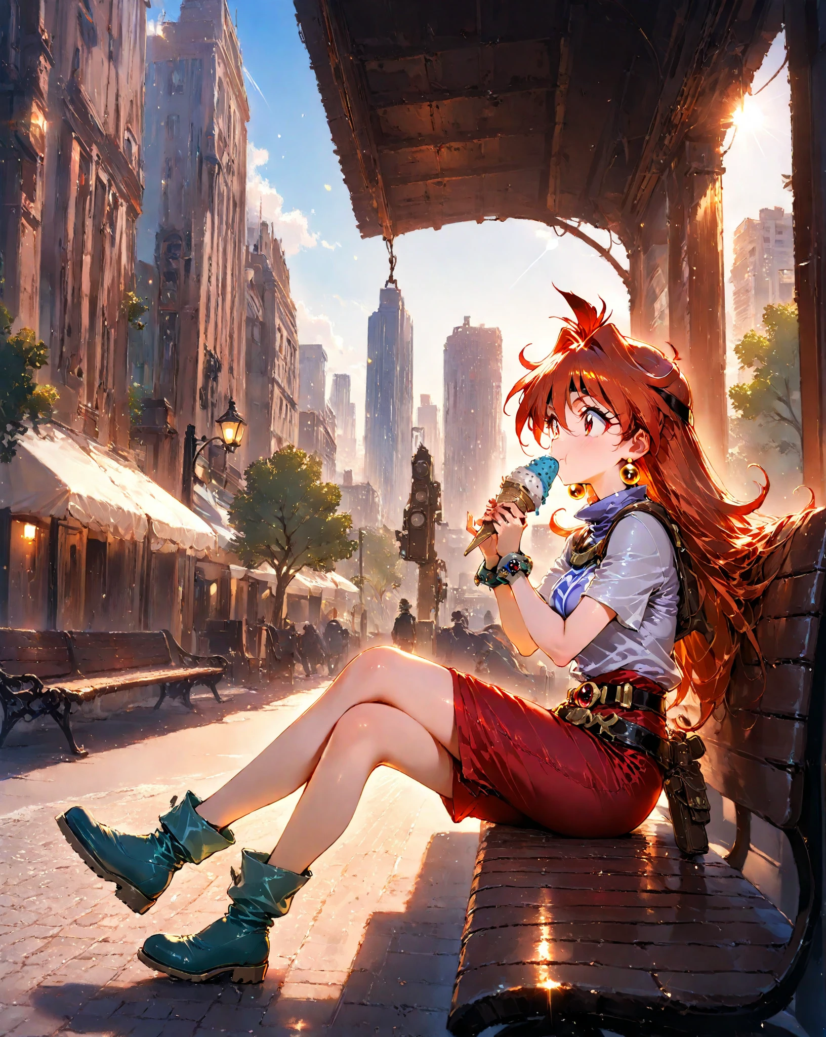 masterpiece, highly detailed, cinematic lighting, 4k quality, an older version of the character Lina Inverse from the 1990 anime The Slayers, sitting on a bench in a modern-day city, eating ice cream and enjoying the sun, perfect lighting on a beautiful sunny day, ray tracing, beams and particles of light