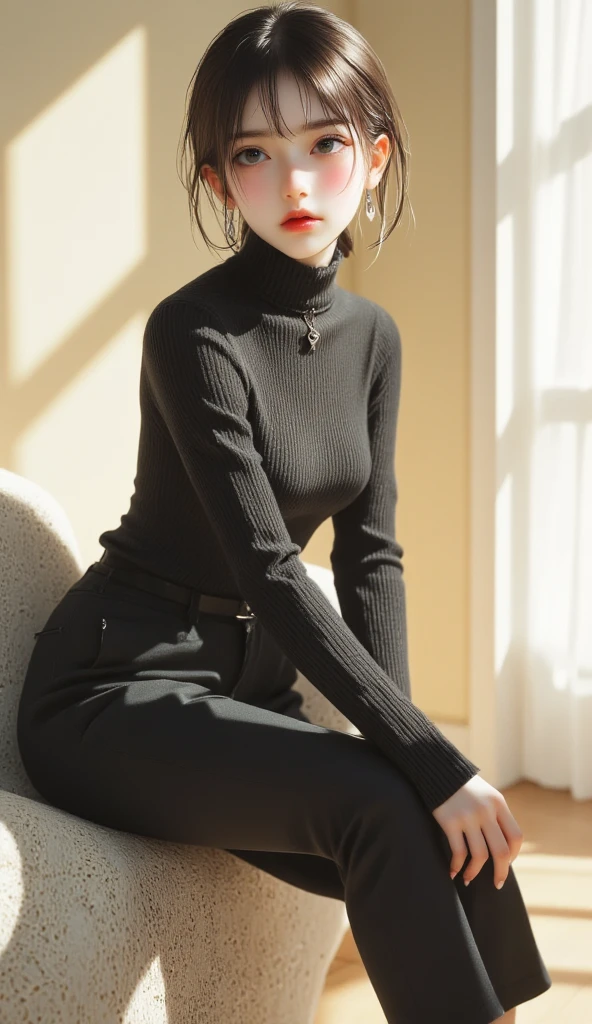 (8k, RAW Photos:1.2),Detailed face and eyes,最high quality, 超A high resolution, Very detailed ,Intricate details ,Tabletop ,pretty girl , Soft cinematic light, Hyper Detail,Sharp focus, high quality,Blonde, Bobcut,  outside, knit, mini skirt, panties, Peeking from below