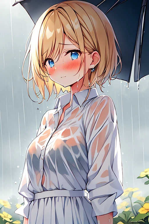A beautiful and seductive blonde woman in a transparent white wet T-shirt, nsfw