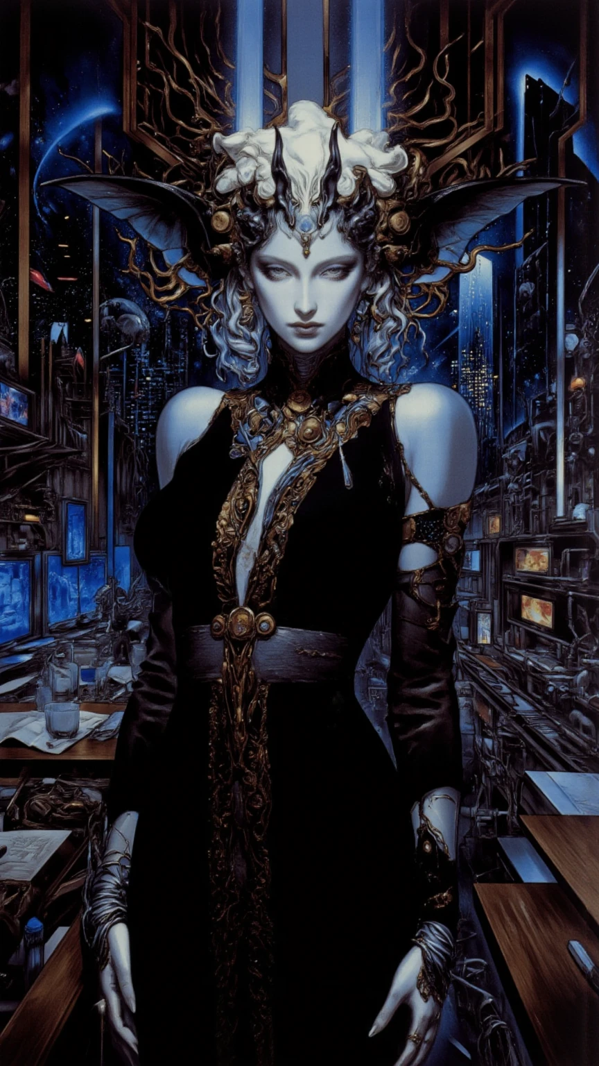 ichiro, 
(kendall jenner:Charlize Theron:0.5), nipples,malice, skulls, tendrils, dark atmosphere, greyscale, detailed linework, cinematic, psychedelic, black paper with vibrant turqoise line work, ornate, symmetrical, tarot card, highly detailed, ink illustration, style of peter mohrbacher, golden ratio,(steampunk chinese:1.3), (filigree:1.3),
   <lora:ichirov14-06:0.55>