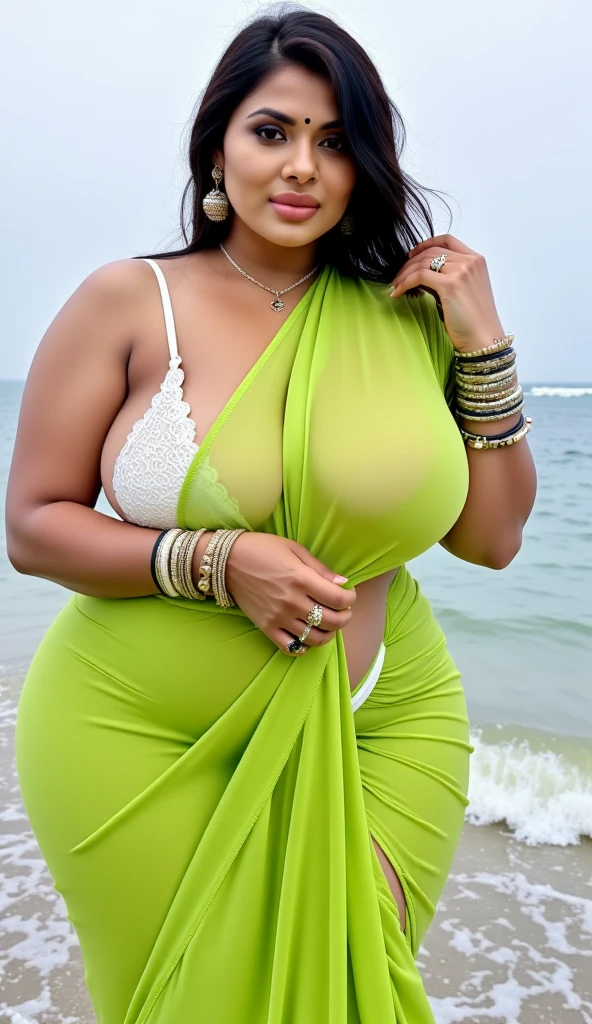 Long focus. Far away kerla big boobed , curvy girl in saree standing in rain in forest . Long view sexy view. giving back pose without face
