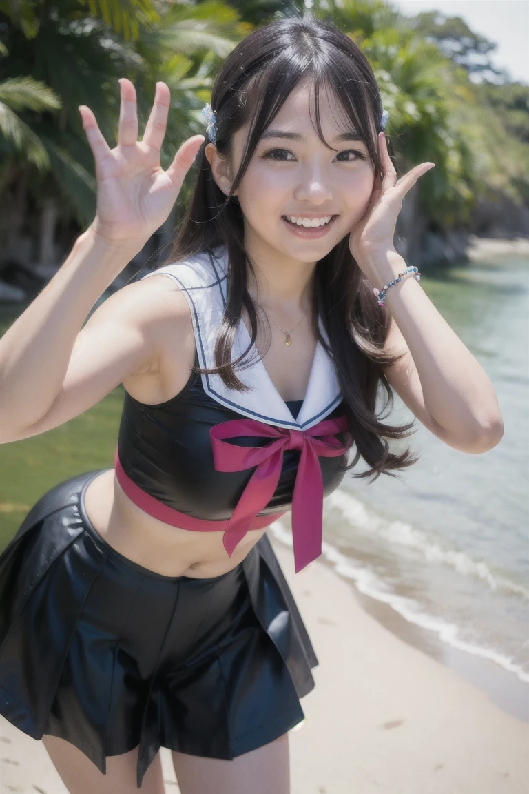 Bikini schoolgirl　cheering　A smile on his face