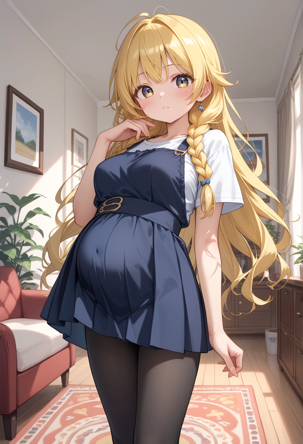 TakaRi， 独奏， 1girl， blond hairbl， long whitr hair， Purple eye， ssmile， standing on your feet， dynamicposes， 8k， tmasterpiece， best qualtiy， absurderes， Perfect anatomy， cinmatic lighting， cowboy lens， （Police uniform：1.1）， trouser，pregnant belly，Pregnant belly