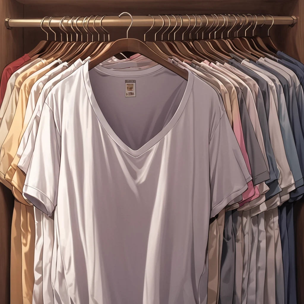 (realistic: 0), ((no humans)), ((invisible)), ((faceless)), ((headless)), ((empty clothes)), ((huge breasts)), girls' shirts on hangers swells as if possessed by invisible girls, huge breasts, ((shirts on hangers)), in the closet