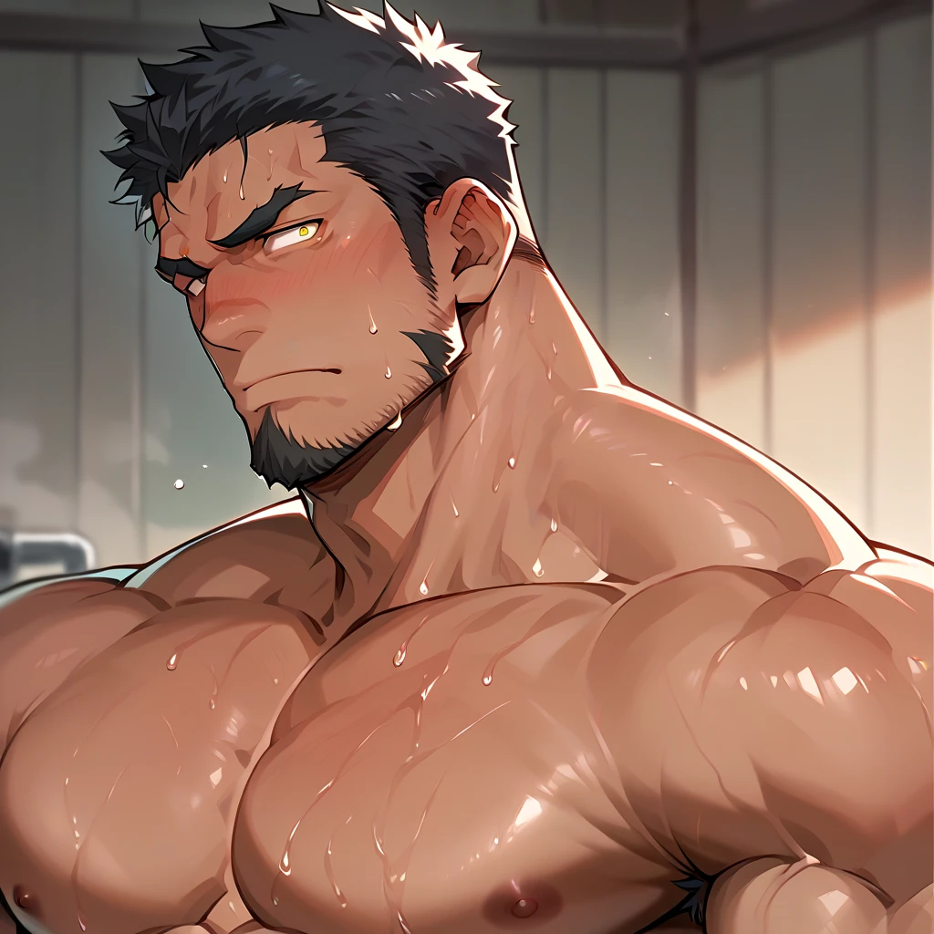 anime, masterpiece, best quality, ultra-detailed, medium close-up Portrait of attractive Tonraq, giant muscular, bathing, sauna, shirtless, portrait, volumetric lighting, best quality, masterpiece, intricate details, tonemapping, sharp focus, hyper detailed, trending on Artstation, <lora:Tonraq:0.7>