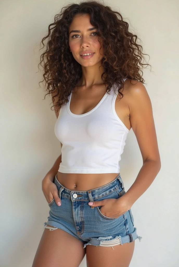 Fille 13 ans brune, white tank top, gros seins, fesse, jean skinny taille basse, yeux bleu, frizzy hair, peau marron, regard aguicheur