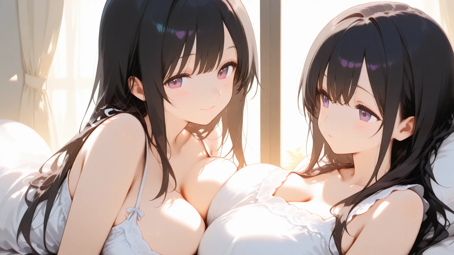 nsfw:1.3, Masterpiece, best quality, (multiple girls:1.2), (4girl), short light summer dress, revealing white dress, huge breasts, cleavage, smile, playing with own hair, blash, leaning forward, indoor, upper body