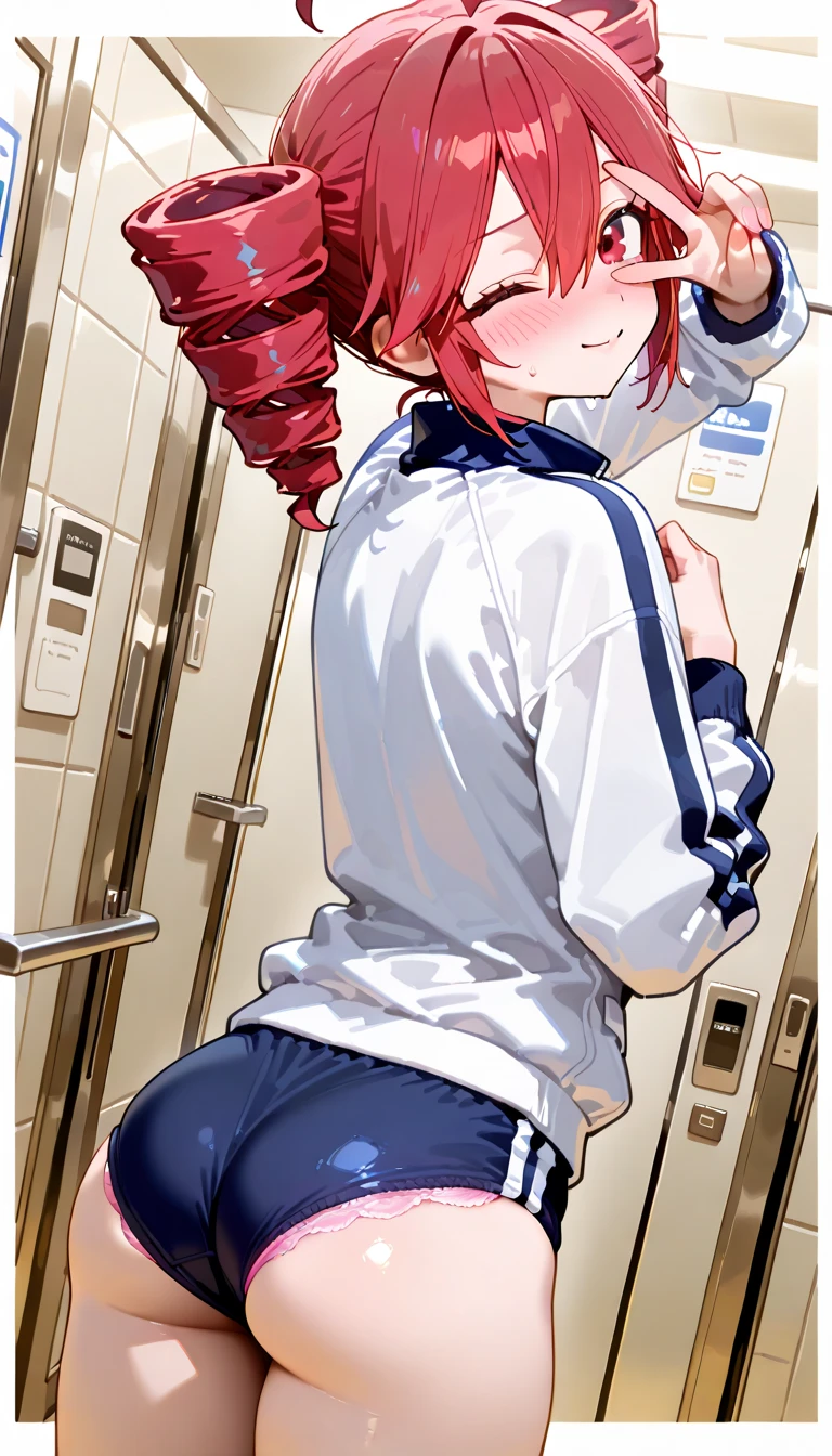 (beautiful girl : 1.3),1 girl,(teto kasane,white gym clothes,long sleeve,take off dark blue buruma,pink panties, pubic hair),embarrassing,Blush,wink,v over eyes,Back view,butt,changing rooms,dynamic angle,masterpiece,top quality,Rich Contrasts,High Definition,8k,High Definition CG Unit Wallpaper,Textures,Incredibly Absurd,RAW pictures,Deep Border 1 .2,very detailed