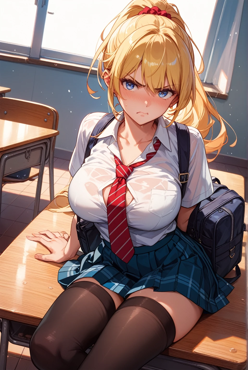 (grabbing another's breasts, disembodied limb, (grabbing from behind:1.1)), One girl, highest quality, Super detailed, masterpiece, Ultra-high resolution, 8k, Ridiculous, Cowboy Shooting, Focus on the girl, Embarrassing, blush, Lovely, Close one eye, With tears in her eyes and her mouth open, What saliva leaves behind, (Sticky panties), Bulging of the vibrator cord, Vibrator with Garters, cleavage, Classroom Background, The skirt is accidentally exposed,medium breasts, Accidentally exposed panties