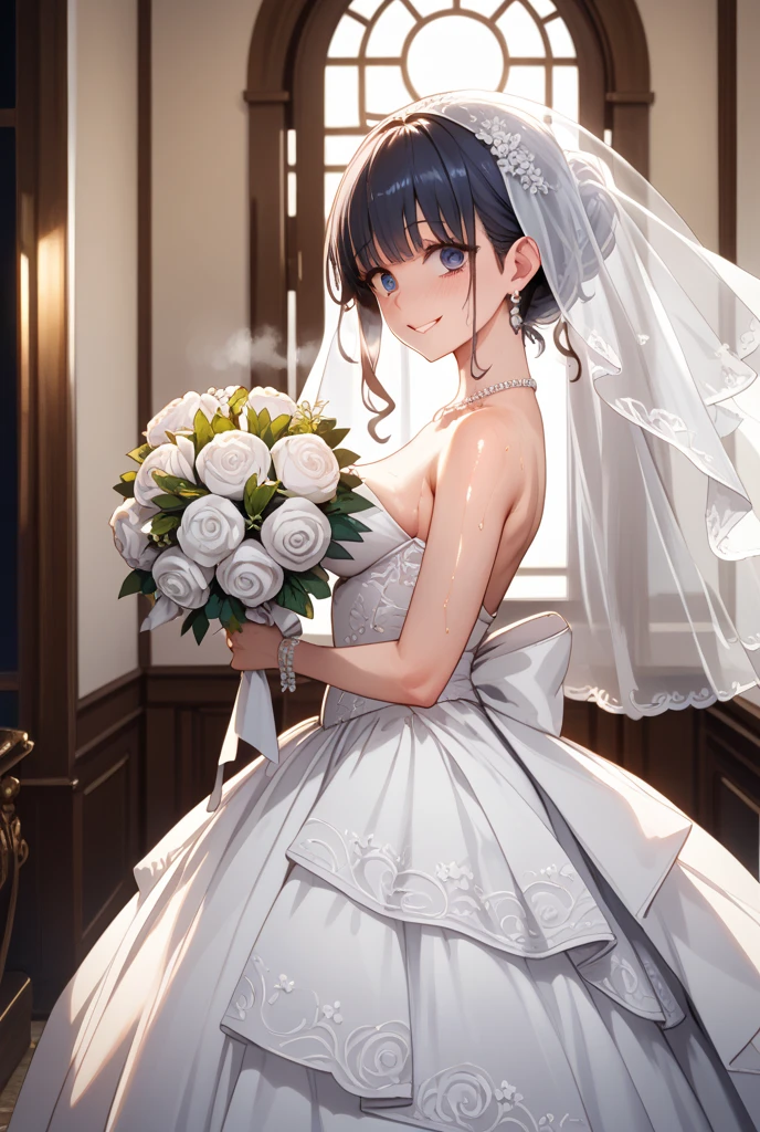 highest quality,masterpiece,8k,((((1girl)))),big breasts,orgasm,blush,sweat,zodiac_suguha,black hair,short hair,((wedding dress:1.3)),mini skirt,lift skirt,upskirt,white panties,white thighhighs