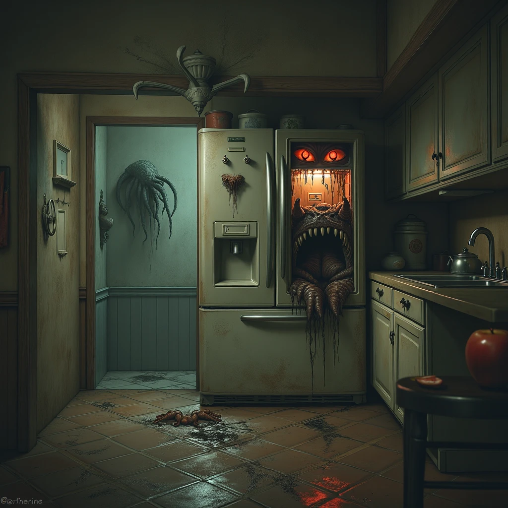 <lora:DreadTech-20:1>,dreadtech , disturbing, scifi,
(kitchen),