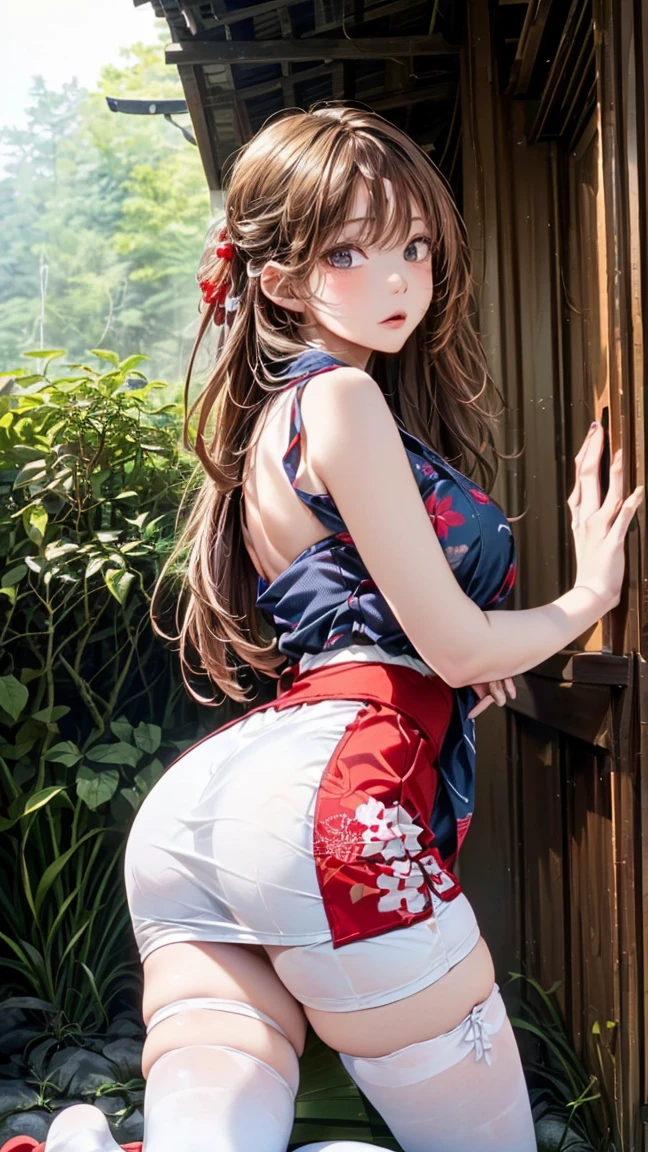 masterpiece, high quality, Girl, in battle stance, action pose, facing her back, innocent expression, sword with glowing blue blade and white handle (girl is holding it for the handle), really long brown hair, big blue eyes, blue ornaments in her hair, skinny, blue short kimono with long sleeves, big butt, white lace thigh-high stockings, cinematic light, trees, waterfall, Chinese shrine, blue sky, white clouds, 2 hands