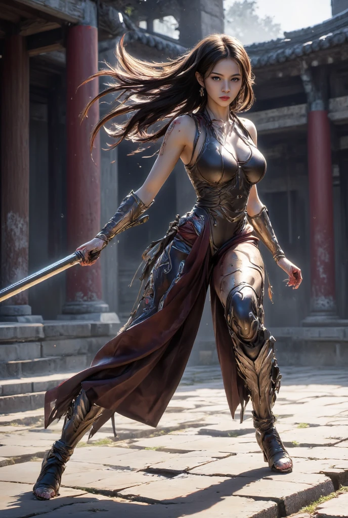 ((masterpiece)),highest quality, (8k, highest quality), Very detailed,(Female gladiator in chain mail,Skin-revealing high-leg costume),(Dynamic fighting poses),(A look of contempt),(Spread your legs wide、Keep your center of gravity low, Like Ninja martial arts.)、,Very beautiful 24 year old girl, (cute:1.2),The background is a medieval castle of the future、((A powerful female warlord stabs the screen with her legendary longsword.))、A sulky smile、(Sharp, large eyes and a beautiful face)、The fight has left my whole body covered in soot.、((Wields a giant long sword))