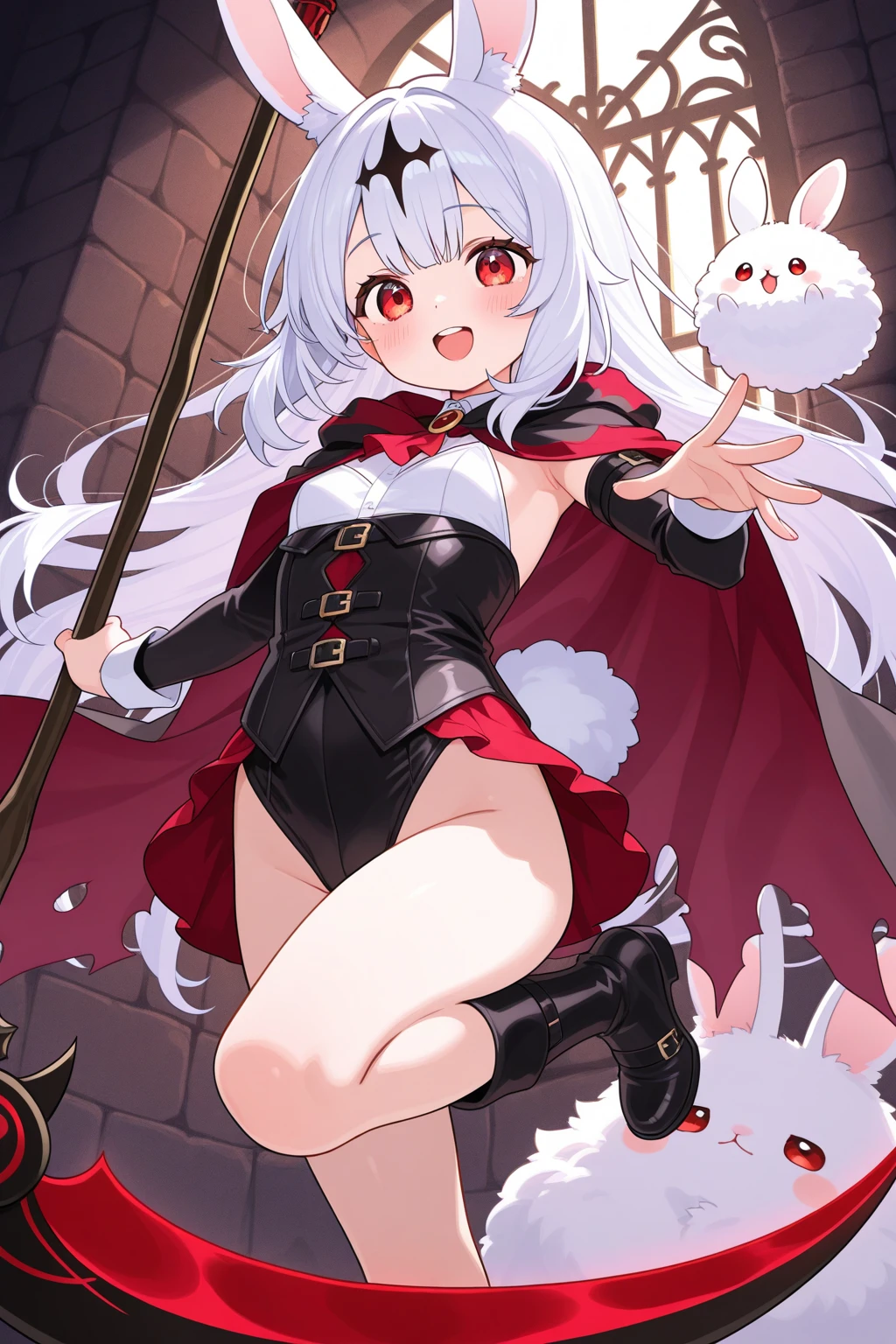 ((best quality)), ((masterpiece)), (details), masterpiece, best quality, high quality, ulutra detailed, perfect face, ((1girl, blue eyes, cat ears: 1.3 silver bob hair: 2.5,)) 、Shiny Hair、Glowing Skin、blush、Lustful look、Tiny vampire fangs、 choker、Kyungsi's costume、Kyungsi's Hat、 Cute ghost、>_<、Have a nunchuck、 Arms stretched straight out in front、 Chinese cemeteries、night、 masterpiece、Highest quality、Very aesthetic