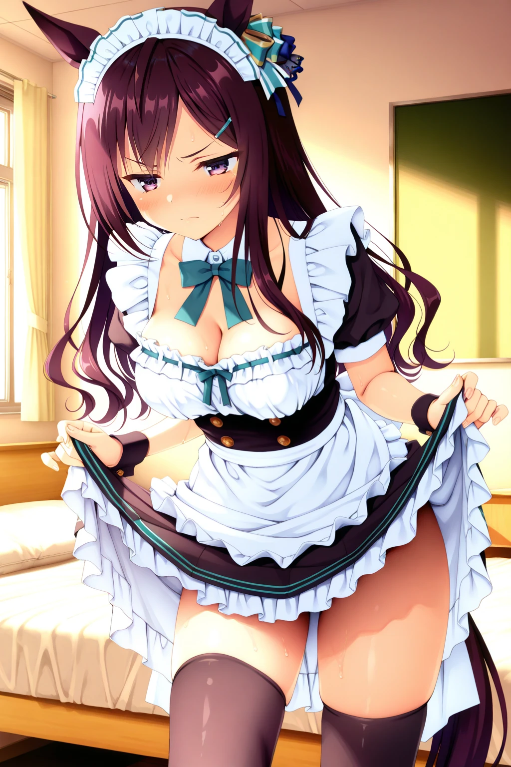 best quality, masterpiece, highly detailed, illustration, 1girl, solo, yoshida yuuko \(machikado mazoku\), horns, shamiko, grass, (maid), thigh highs, cleavage, glossy lips, (kneeling)
